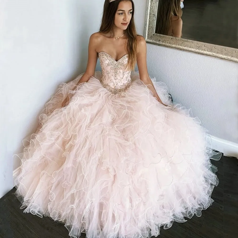 QD1629 светло-розовые платья для девушек Блестящие кристаллы милые платья из органзы с оборками для вечеринки на день рождения платья 15 лет