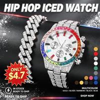 Ensemble de Bijoux Bling Strass Iced Out en Alliage Argent Or, Montre à Quartz Hip Hop pour Homme et Bracelet Chaîne Maille Cubaine, Vente en Gros