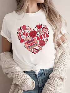 T-Shirt da Donna con Stampa Cuore, Manica Corta, Collo Tondo, Design Carino, per Tutte le Stagioni, Casual, Bianco Rosso, 100% Cotone Jersey - Product Image 3