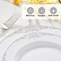 Ensemble de vaisselle jetable écologique en PET de 350 pièces, kit de vaisselle, assiettes, tasses, couverts, serviettes, bordure dorée, sans BPA, compatible congélateur/micro-ondes