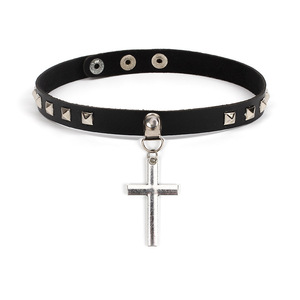 Wholesale Zinc Alloy <strong>Gothic</strong> Cross Adjustable Leather Necklace Spiked <strong>Choker</strong> for Girls - Product Image 1
