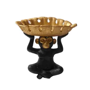 Escultura de Resina de Animal, Mono Negro con Hoja en la Cabeza, Diseño de Chimpancé, Plato o Bandeja, Proveedor Chino - Product Image 1