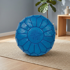 Round Blue Genuine <b>Leather</b> Pouf <b>Cushion</b> <b>Cover</b> Handmade Bohemian Style Stitched Design Zipper Closure Customizable Home Decor - Product Image 6
