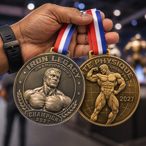 Medallas personalizadas <span class=keywords><strong>de</strong></span> aleación <span class=keywords><strong>de</strong></span> zinc 3D en oro y plata para culturismo, medallas <span class=keywords><strong>de</strong></span> premio Pro Elite Iron Legacy para campeones generales con cinta impresa - Product Image 5