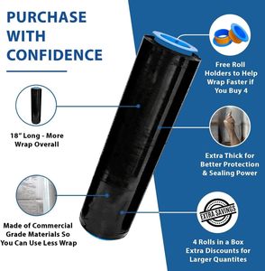 Film étirable HDPE noir de qualité supérieure Huamaohengchun Lifetime, 4 rouleaux x 18 po x 1500 pi x 80 gauge, film rétractable robuste de qualité alimentaire - Product Image 4