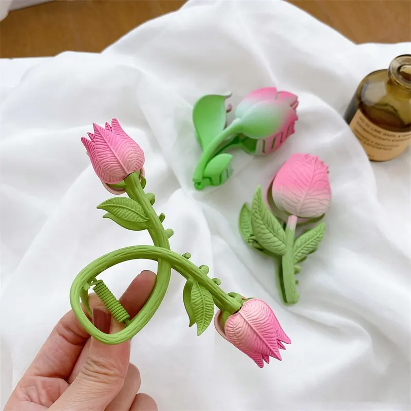 2022 novo Design De Metal Rosa Doce de Plástico Grande Garra Cabelo Da Flor Tulipa Dobro Real Subiu Grampos de Cabelo