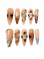 Lot de 10 faux ongles longs en forme de stiletto, faits à la main, motif léopard et zèbre de luxe, en gel, réutilisables, avec fleurs 3D et chaîne