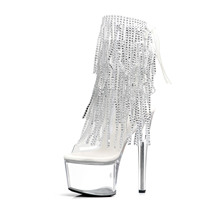 Bottines de danse exotiques à plateforme transparente, à talon fin, avec franges, 17 cm (7 pouces), à bout peu profond et sexy