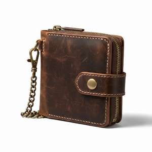 Portefeuille pour homme en cuir véritable vintage avec fermeture éclair et chaîne, portefeuille à rabat avec fermeture à pression, porte-monnaie et porte-cartes - Product Image 1