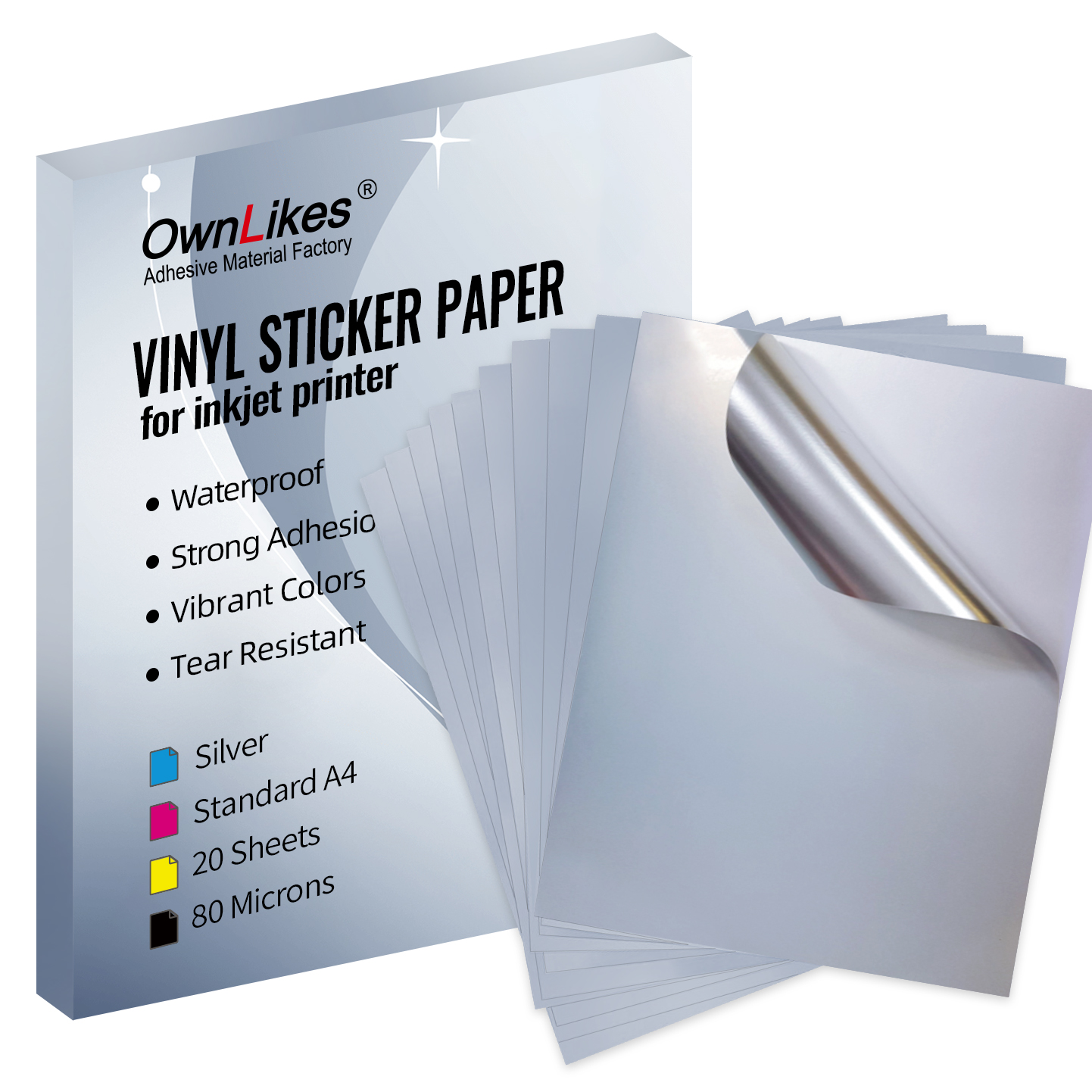 High Glossy Silver Vinyl Sticker Paper Printable Waterproof Self-Adhesive for Pigment Inkjet Printer for Printing Materials