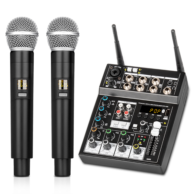 Audio Mixing with UHF Wireless Microphone 4 Channel Stereo Mixer Console Blueteeth USB for DJ Karaoke PC Record