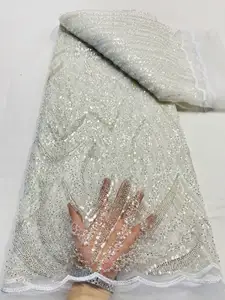 Schwere handgemachte Stickerei Perlen Braut Spitze Stoff Französisch Pailletten Französisch Tüll Spitze Stoff für Hochzeit Abendkleid