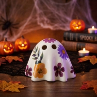 Figur Hantu Halloween Grosir, Keramik Tahan Panas Putih, Dekorasi Daun Bunga, Lampu LED Warna-warni, Dekorasi Rumah Meriah