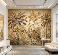 Papier peint mural vintage tropical avec palmiers et oiseaux pour salon, hall d'hôtel et salon de thé