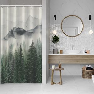 Cortina de ducha de bosque brumoso abstracto 3D azul marino para baño de hombre, decoración impermeable para el hogar con tecnología de ganchos - Product Image 3