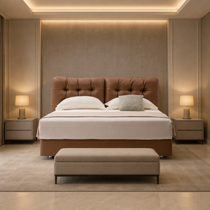 Cabecera Acolchada con Botones, Base de Plataforma Baja, Cuero PU Marrón, Patas de Metal, para Recámara Principal u Hotel - Product Image 1