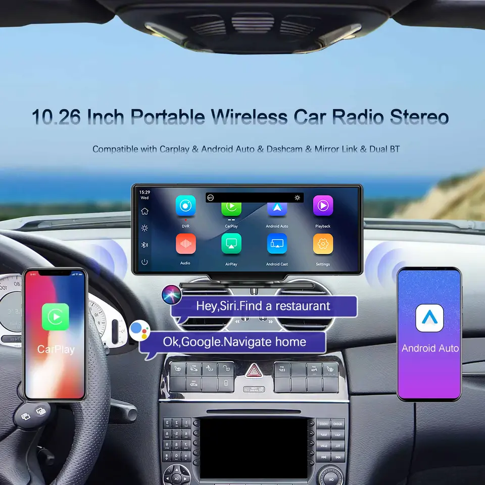 Maustor Dual BT Stereo mobil Android auto Radio 10.26 inci nirkabel Carplay mobil Dashcam DVD sistem Audio pemutar MP5