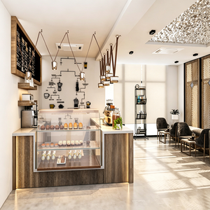 Caffetteria con bancone in legno a onde personalizzabile - Progettazione di banconi per ristoranti - Product Image 5