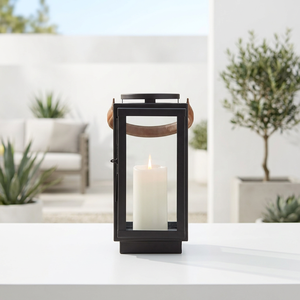 Décorations de table et de sol de luxe en gros pour la maison, lanterne porte-bougie en métal noir avec poignées en cuir - Product Image 2