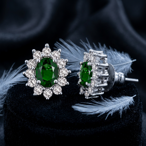 925 Sterling Silver <b>Emerald</b> Green Oval Cubic Zirconia Halo <b>Stud</b> Earrings Diamond Cluster Flower Design for Women Girls - Product Image 5
