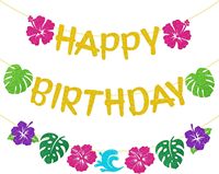 Décorations de fête d'anniversaire hawaïennes, bannières Joyeux Anniversaire à thème tropical avec hibiscus et feuilles de palmier, fournitures de fête d'été Luau pour enfants