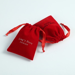 8*10 cm Custom <b>Red</b> Luxury Soft Thick Velvet Jewelry Pouch with Satin <b>Ribbon</b> and Custom Logo for Jewelry Packaging - Product Image 2