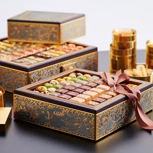 2024 Novo Estilo Madeira Luxo Baklava Datas Chocolate Embalagem Embalagem Gift Boxes Data Box para o Ramadan