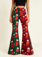Pantalon décontracté pour femme, taille haute, coupe bootcut, 100% coton, imperméable, imprimé Noël tendance, pour fêtes et occasions festives, assortiment varié