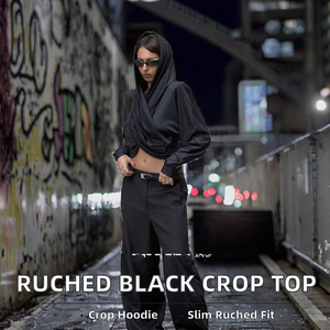 Hoodies courts noirs respirants à manches longues et froncés pour femmes, style streetwear d'été, vente en gros pour fabricants - Product Image 2