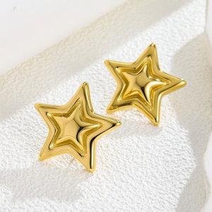 1 Par de Pendientes Colgantes de Pentagrama de Doble Capa Chapados en Oro de Acero Inoxidable - Diseño Chic con Bloques de Color para Fiestas y Uso Casual - Product Image 3