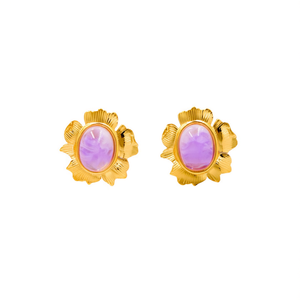 Boucles d'oreilles tendance en acier inoxydable 316L plaqué or PVD, design floral ovale avec pierre violette - Product Image 2