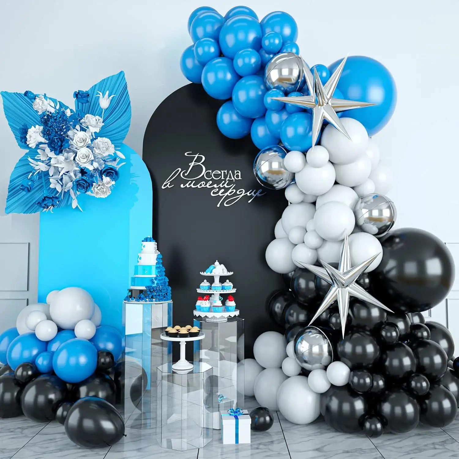 Conjunto de balões para decoração de festas de aniversário de meninos, roupa preta e azul, estrela de prata e explosão, internacional