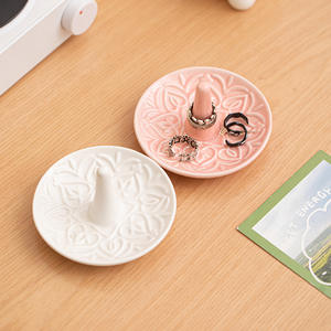 PENOBON 4 Inch Ceramic Modern Stylish Pink & White Embossed <b>Jewelry</b> Storage Tray for Earrings Necklaces Bracelets - Product Image 6