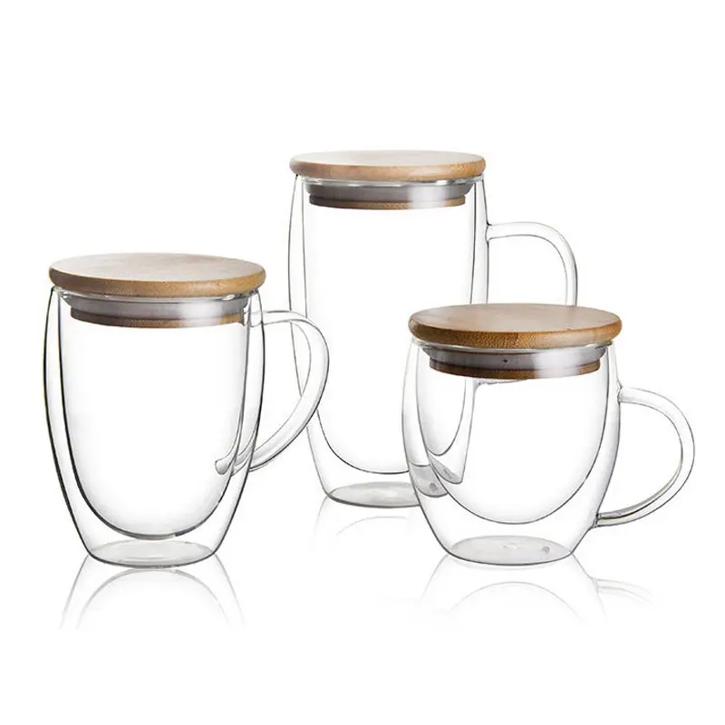 Custom Promotional 250ml 350ml 450ml Double Wall Borosilicate Glass Coffee Beer Cup Mug With with bamboo lid