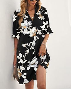 เดรสสั้นคอวีทรงตรงยาวถึงเข่าของผู้หญิงเดรสสั้นคอวีระบายอากาศสีพื้นฤดูร้อน - Product Image 1