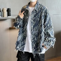 Blouson en jean décontracté pour homme, bleu délavé, patchwork effiloché, coupe ample, coupe-vent, résistant aux plis, vente en gros, logo personnalisé, haute qualité