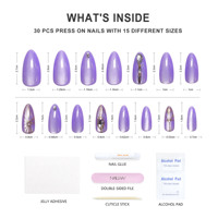 Faux ongles en PMMA Nailway, forme amande, couleur œil de chat violet, brillants, avec strass 3D, à presser, ongles acryliques brillants