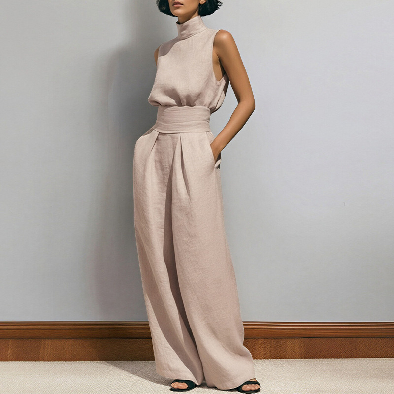 2026 New Arrival Women 2 Piece Outfit Mock Neck Sleeveless Crop Top & High Waist Pleated Wide Leg Pants Set