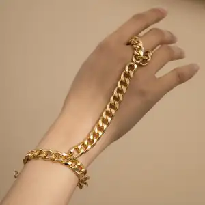 Korea Gold silver Color Aluminium Connected Finger Bracelets Bangles Chunky Thick Curb Hand Wrist Chain for Women Jewelry