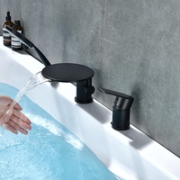 Robinet de baignoire à levier rond noir mat avec douchette à main, 3 trous, montage sur pont
