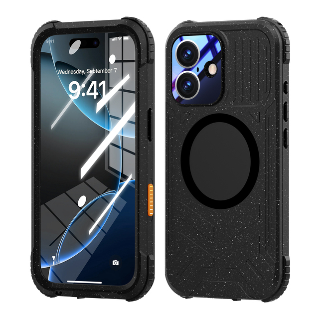SHELLBOX Glitter Black 360 Full Body TPU+PC IP68 Certified Wireless Charge Sports Matte Skin-feel 100% Waterproof Phone Case