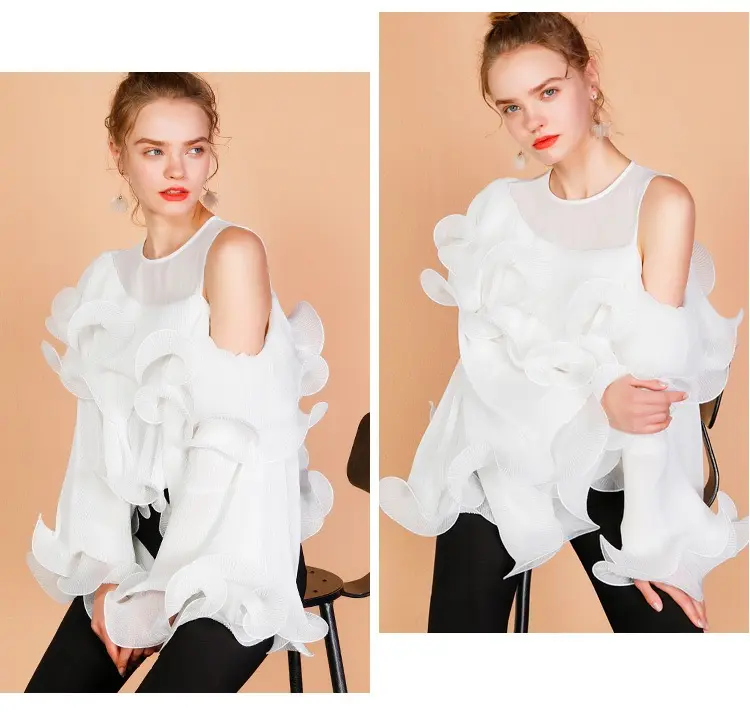 Summer Fashion Chiffon Ladies Sexy Tops Shirt For Womens Ruffled Asymmetrical Solid Puff Sleeve Blouses & Shirts