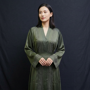 New Dubai Women's Olive <b>Green</b> <b>Silk</b> V Neck Beaded Long Sleeve Abaya Dress Floor Length Loose Elegant Robe - Product Image 1