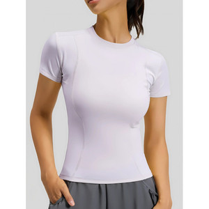 Haut de yoga essentiel pour femme, col rond, manches courtes, noir, compression, anti-transpiration, respirant, extensible dans quatre directions - Product Image 2