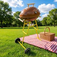 Barbecue moderne haut de gamme pour l'extérieur, en forme de ballon de rugby, en acier, avec roues, finition émail porcelaine, pliable