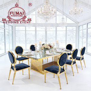 โต๊ะรับประทานอาหารกลางแจ้งทรงสี่เหลี่ยมผืนผ้ากระจก โมเดิร์น ยี่ห้อ Fumai รุ่น MG-205 โครงเหล็กกล้าไร้สนิมเคลือบทอง จาก Foshan Hotel Furniture - Product Image 6