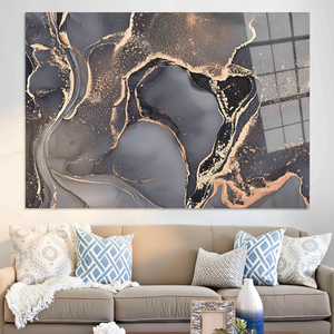 Impression sur toile de vitrail moderne : élégant motif marbré gris et or, ART EN VERRE TÉMPERÉ - Product Image 3