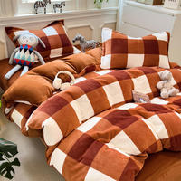 Ensemble de literie 4 pièces en velours de lait à carreaux style Muji, ensemble de housse de couette épaisse et chaude en flanelle à carreaux