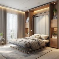 Lit Murphy pliant moderne et personnalisé, gain de place, avec cadre en bois, panneaux en acier inoxydable/contreplaqué, rangement mural et armoire