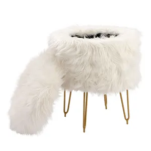 Customized Small White Pouffe Ottoman Footstool Bedroom Faux Fur French Gold Ottoman Stool Modern